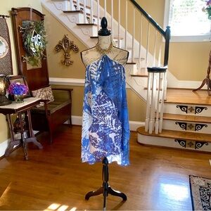 Analili blue chiffon overlay halter vacation dress